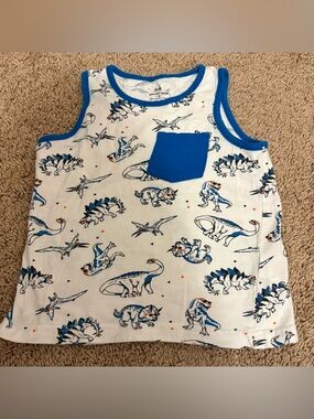 Kids' White Tank with Blue Dino Print and Pocket